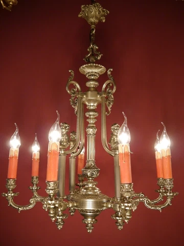 NICKEL CHERUBS CHANDELIER CEILING SILVER LAMP RED CANDLE 8 LIGHTS DECOR Ø 24" Cover