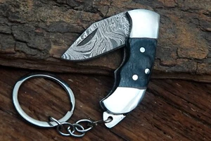 CUSTOM HAND FORGED Damascus Key Chain Folding Knife EDC Damascus Steel Blade - Picture 1 of 5