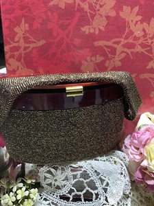Purse Art Deco Bronze  beaded bag  1940s plastic Cellulite lid mirror inside, - Picture 1 of 8