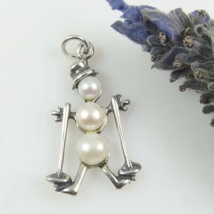 Sterling Silver 925 CHARM, SMALL PENDANT Cute Novelty Skiing Snowman 3 Pearls - Picture 1 of 12