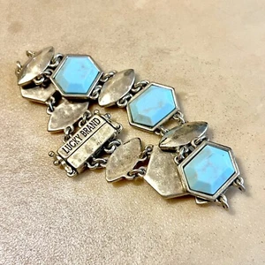 Lucky Brand Gold Tone Bracelet Faux Turquoise Stone Faceted Link Boho Hexagon - Picture 1 of 8
