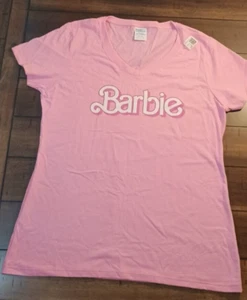 BARBIE Women's Size SMALL Pink Text Vneck Short Sleeve Graphic TShirt Mattel - Picture 1 of 2