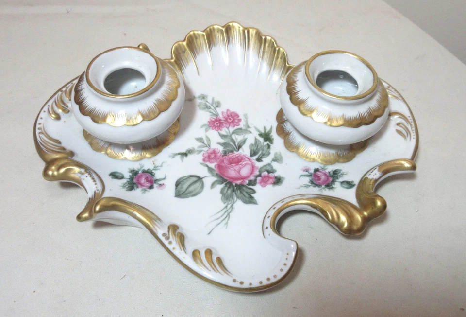 Tintero de escritura de porcelana Unterweissbach vintage pintado a mano floral dorado ornamentado Foto 1 de 4