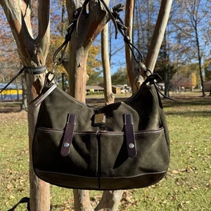 Vintage Dooney & Bourke Suede Leather Hobo Shoulder Bag Brown Olive - Picture 1 of 13