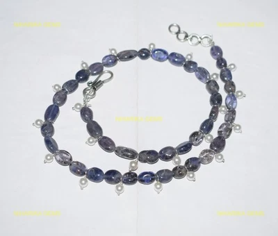 Collar con cuentas único de perlas de piedras preciosas de iolita de plata 925 para esposa día de acción de gracias Foto 1 de 4