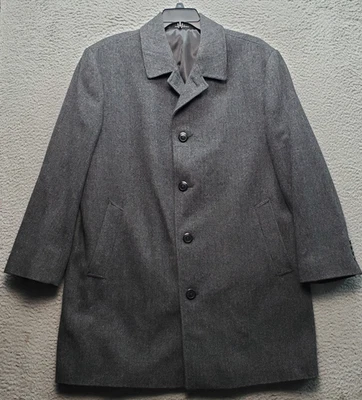 London Fog Overcoat Mens 44 Gray Herringbone Wool Blend Single Breasted EUC - Image 1 of 4