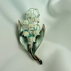 Vintage Lily of the Valley Enamel Brooch Gold Tone Green White 3" Floral Pin - Picture 1 of 9