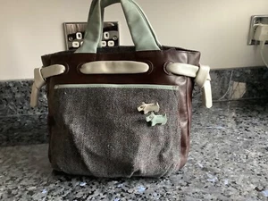 Brown Radley ladies bag. Herringbone material front pocket. Two pale blue handle - Picture 1 of 6