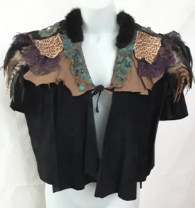 An Original Genuine Suede Leather Fringe with Feathers & Jewel Women S/M Cape - Picture 1 of 19