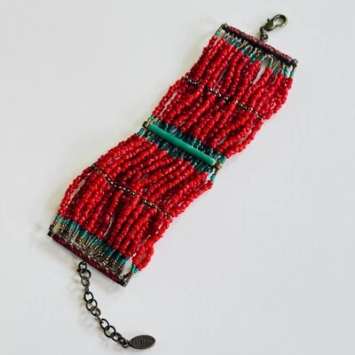 Pulsera Satellite Paris Firmada Cuentas Coral Rojo Natural Semilla Cuentas BOHO Multi Foto 1 de 4