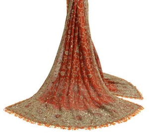 Sushila Vintage braun indisch schwer Dupatta Netz Netz Hand Perlen langer Stola Schleier - Bild 1 von 12