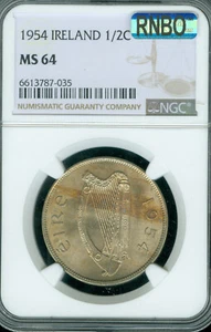 1954 IRELAND HALF CROWN NGC MS64 PQ MAC RNBO RAINBOW Low Mintage * - Picture 1 of 2