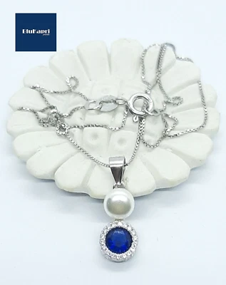 Collana donna in Argento 925 con ciondolo pietra blu e zirconi bianchi collier - Immagine 1 di 4