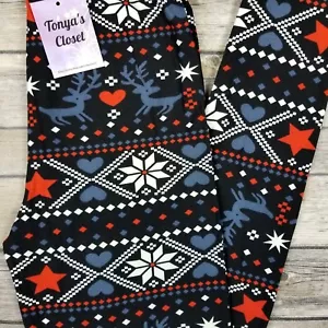 Reindeer Christmas Holiday Leggings Snowflake Buttery Soft ONE SIZE OS - Picture 1 of 5