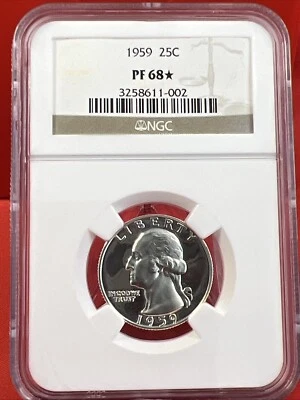 1959 NGC PF68 STAR ⭐️ 90% SILVER PROOF WASHINGTON QUARTER 25C PORTRAIT LABEL - Image 1 of 2
