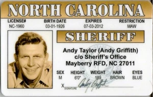 Mayberry Sheriff Taylor Souvenir Führerschein KOSTENLOSER VERSAND - Bild 1 von 1