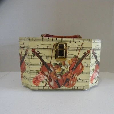 Estuche de madera de colección para maquillaje/joyero con violines rosas notas musicales mango de baquelita Foto 1 de 4