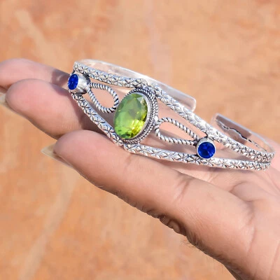 Brazalete brazalete de plata de ley 925 con piedras preciosas de peridoto y tanzanita regalo navideño Foto 1 de 4