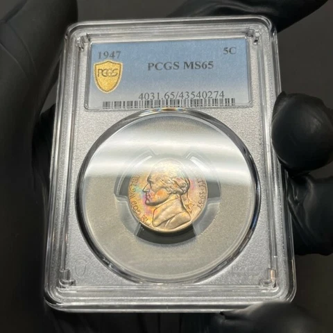 MS65 1947 5C Jefferson Nickel, PCGS Secure- Rainbow Album Toned Cover