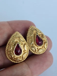 Vintage 80s Chabot Chunky Earrings Gold Tone Teardrop Stud Earrings Ruby Red - Bild 1 von 6
