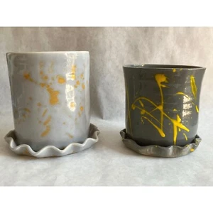 Small, Handmade, Wheel-Thrown Ceramic Planter With Matching Plate - Picture 1 of 11