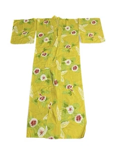 Kimono Yukata cotone floreale stile vintage giapponese verde giallo vestaglia estate - Foto 1 di 8