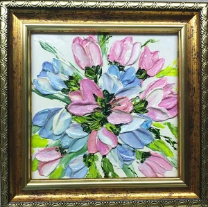 Tulpengemälde Impasto Blumen handgemalt kleiner Blumenstrauß Kunst gerahmt - Bild 1 von 9