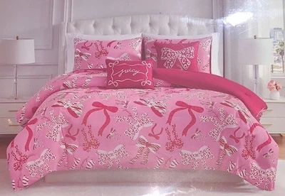 Juicy Couture Pink w/Animal Print Bows & Logos QUEEN 5pc Coquette Comforter Set - Image 1 of 4