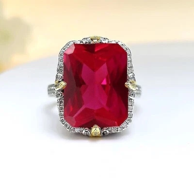 New Luxury Women Jewelry 16mm Rectangle Red Corundum Gemstone Charm Silver Ring - Image 1 of 4