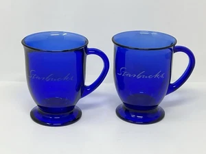 2 tazze da caffè STARBUCKS blu cobalto vetro inciso ancoraggio gancio USA 16 oz. - Foto 1 di 8