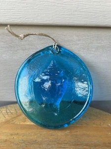Vintage blaue Muschel Strand Pressglas runder Sonnenfänger 4 Zoll - Bild 1 von 12