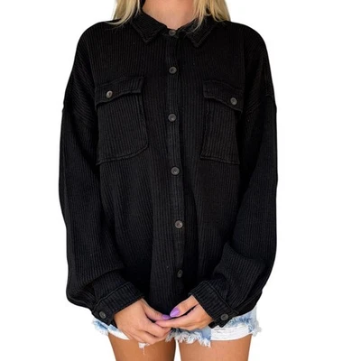 Black Mineral Washed Waffle Knit Shacket -224MS - Image 1 of 2