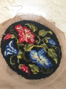 Finished Needlepoint Morning Glory Completed 6.5"X 6.5" Black - Picture 1 of 4