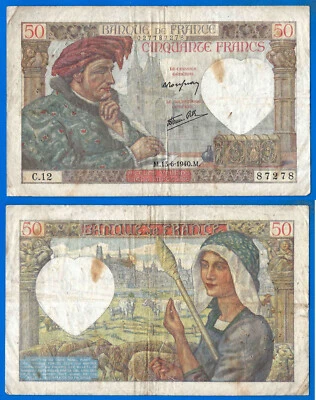 France 50 Francs 1940 13 June Serie C Jacques Coeur WWII Frc Frcs Free Ship Wrld - Image 1 of 3