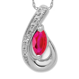 14K Solid White Gold Diamond Ruby Teardrop Floating Chain Slide Necklace - Picture 1 of 3