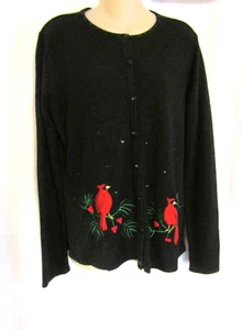 WISH FOR JOY CARDIGN SWEATER BLACK / RED-BIRD HOLIDAY DESIGN APPLIQUÉS SEQUINS L - Picture 1 of 14