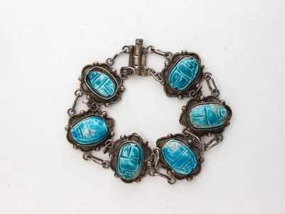 Antico bracciale- argento - Scarabei In Faience - Immagine 1 di 4