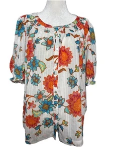 Rose + Olive Blouse XL Coastal Boho Floral Button Front Peasant Top Summer Chic - Picture 1 of 8