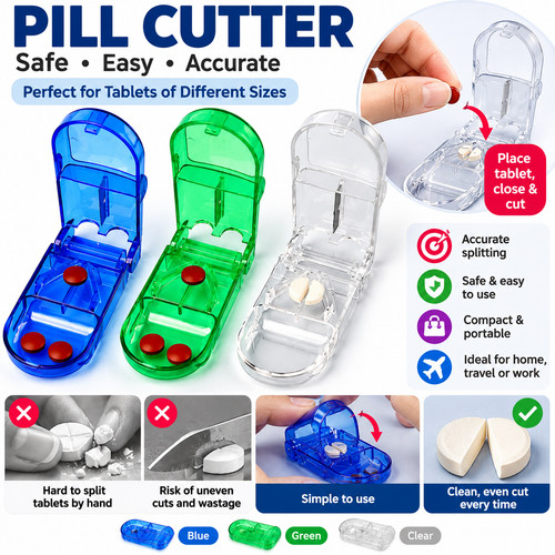Pill Cutter Tablet splitter with Storage Box Portable Blue Green Clear ...