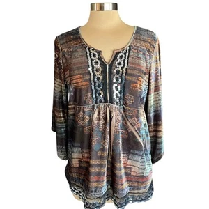 One World Velvet Print Top Sequin & Lace Trim LRG Whimsygoth Forest Fairy Grunge - Picture 1 of 10
