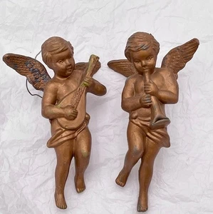 2 VTG Gold Angels Cherubs Hard Plastic Christmas Ornaments Décor Hong Kong 5.5" - Picture 1 of 3