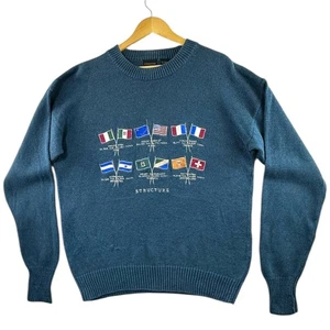STRUCTURE Jumper Men's UK Size XL Blue Embroidered Flags Long Sleeve Crew Neck - Picture 1 of 12