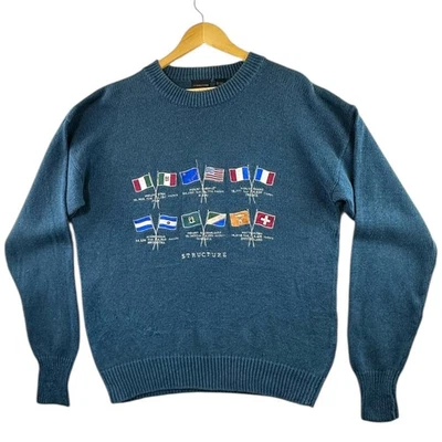 STRUCTURE Jumper Men's UK Size XL Blue Embroidered Flags Long Sleeve Crew Neck - Image 1 of 4