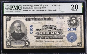 1902 $5 Five Dollar Large Note - National Exchange Bank Wheeling, WV - PMG VF 20 - Picture 1 of 4