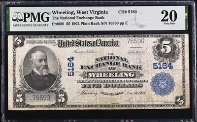 1902 $5 Five Dollar Large Note - National Exchange Bank Wheeling, WV - PMG VF 20 - Image 1 of 4