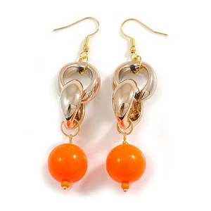 Long Gold Acrylic Link and Orange Plastic Bead Dangle Earrings in Gold Tone - - Picture 1 of 6