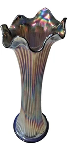Fenton Iridescent Rainbow Cobalt Carnival Glass Vase Scalloped Fine Rib 9 1/2" - Picture 1 of 7