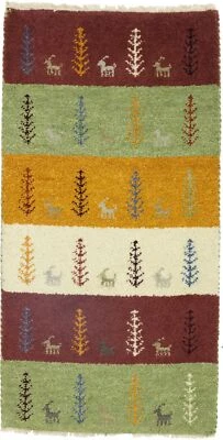 Contemporary Multicolored Tribal Indo-Gabbeh Rug Wool Oriental Carpet 2X4 ft - Image 1 of 4