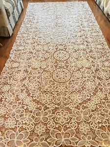 Vintage Huge handmade Battenburg Lace & Sheer tablecloth white 144”x 68" Flower - Picture 1 of 11