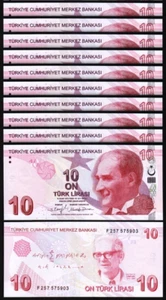 Turkey 10 Lira 2009 - 2022, UNC, 10 Pcs LOT, Prefix F, P-223f, New Sign - Picture 1 of 5